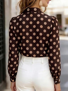 RosyDaze Blus Chiffon Lengan Lentera dengan Kerah Ikat Motif Polkadot - Coffee Brown - View 2
