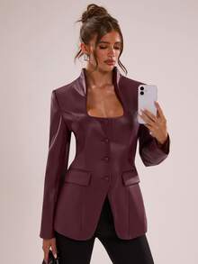 SHEIN BAE Blazer Kulit PU dengan Bantalan Bahu, Natal, Acara Sosial, - Burgundy - View 4