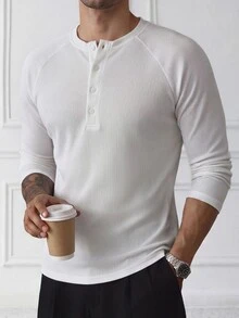 HUEFORM Men Basic White Henley Shirt T-Shirts,The Ribbed Fabric Is Highly Stretchy And Forgiving On The Figure-A Versatile Wardrobe Staple. For Men - White - View 4
