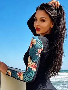 Swim SPRTY مجموعة راش جارد بطبعة استوائية بوهيمية شاطئية بسحاب أمامي وأكمام طويلة - متعدد الألوان - مشاهدة 7