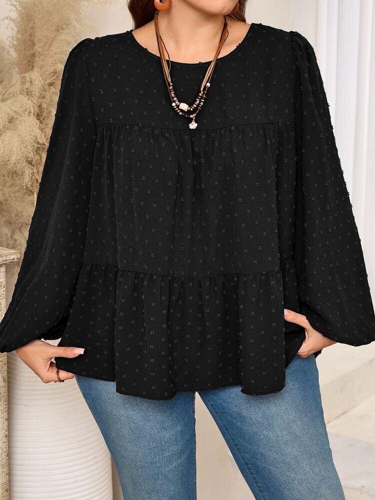 EMERY ROSE بلوزة نسائية فضفاضة بمقاس كبير، سوداء مطرزة بكشكشة وأكمام جرس، بياقة دائرية، مناسبة للخريف 2026، رسمية وكاجوال أنيقة للبرانش - الأسود - مشاهدة 4
