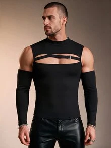 ZURIURI Men's Fashion Casual T-Shirt With Sleeve Covers - Black - View 4
