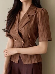 DAZY Women's Elegant Commute Striped Petal Sleeve Blouse - Coffee Brown - View 2
