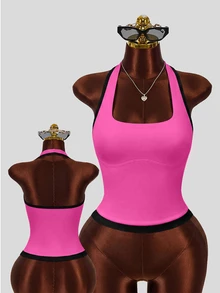 SHEIN Sweetro Colorblock Patchwork Backless Halter Neck Sports Tank Top - Hot Pink - View 2