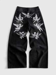 ROMWE MEN Men Angel Print Washed Wide Leg Jeans - Black - View 1