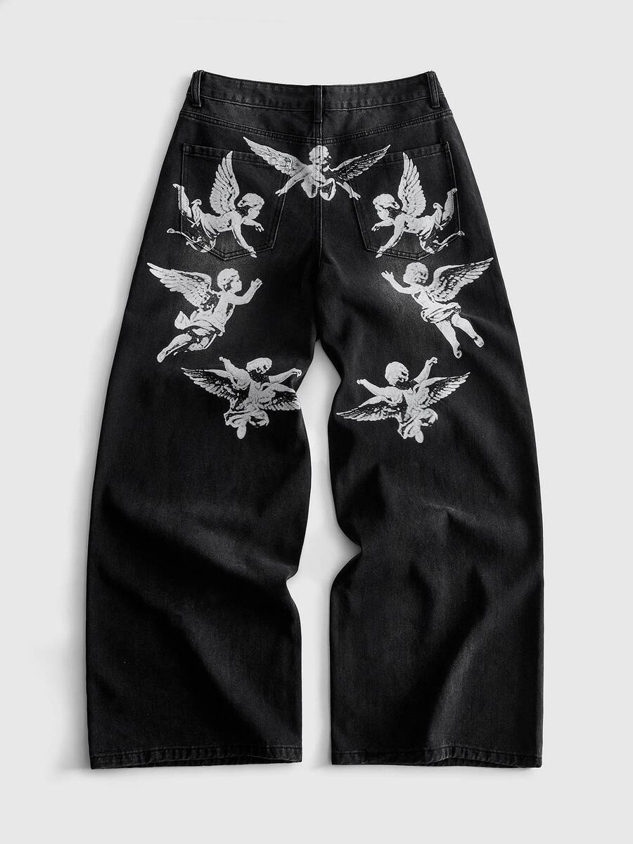 ROMWE MEN Men Angel Print Washed Wide Leg Jeans - Black - View 1