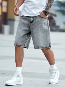 QuarKem Men Slant Pocket Washed Denim Shorts - Light Grey - View 4