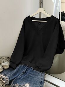 SHEIN EZwear 純色落肩V領運動衫 - 黑色 - 查看 3