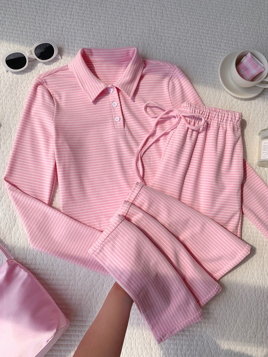 Comfortcana Contrast Striped Print Polo Collar Long Sleeve Top & Knot Front Pants Set