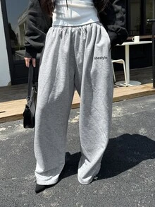 DAZY Letter Graphic Drawstring Hem Sweatpants Summer Gym Black Casual Athleisure - Grey - View 2