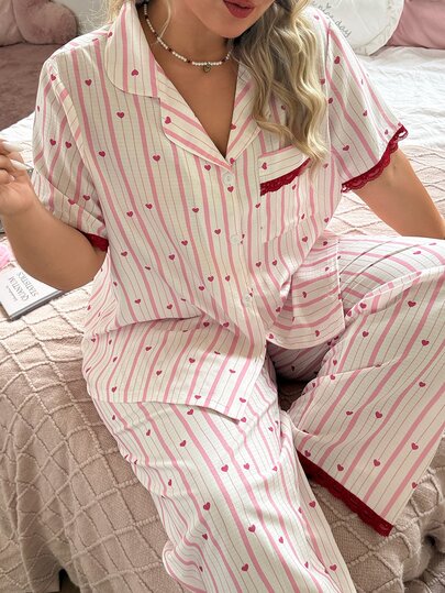 Slumberry CURVE Sweet Cute INS Striped Heart Contrast Color Lace Front Closure Short Sleeve Pants Plus Size Pajama Set