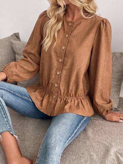 Louniche Lantern Sleeve Ruffle Hem Top