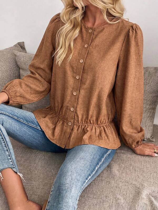 Louniche Lantern Sleeve Ruffle Hem Top