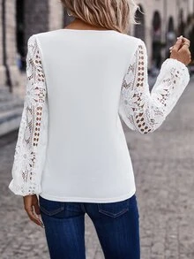 SHEIN Clasi Plus Size Women's Asymmetrical Collar Contrast Lace Long Sleeve T-Shirt Fall - White - View 2