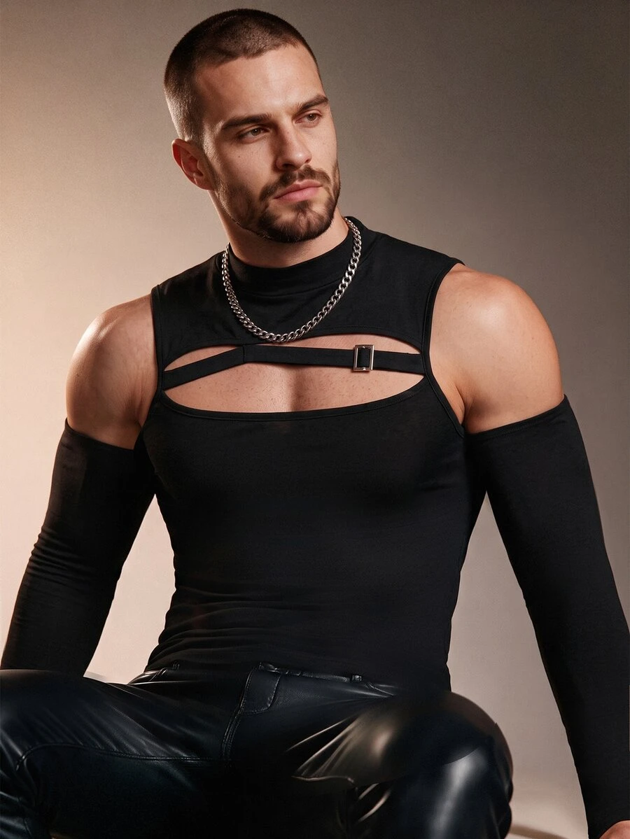 ZURIURI Men's Fashion Casual T-Shirt With Sleeve Covers - Black - View 1