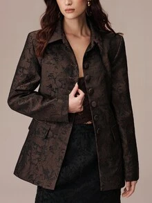 BELROSIE 女款純色修身收腰襯衫領長袖西裝外套 - 咖啡棕 - 查看 3