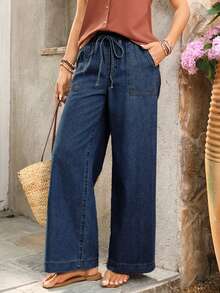 SHEIN PETITE Jeans de pierna ancha con cintura con cordón - Azul lavado oscuro - Ver 6
