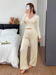 Napfluff Women's Slim Fit Ribbed & Lace Long Sleeve Pajama Set With Long Pants - Yellow - View 1