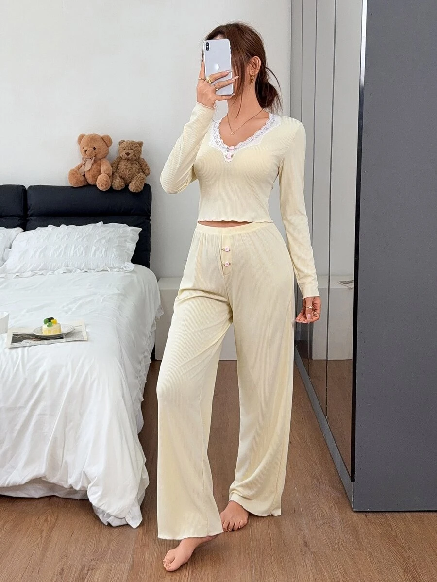 Napfluff Women's Slim Fit Ribbed & Lace Long Sleeve Pajama Set With Long Pants - Yellow - View 1