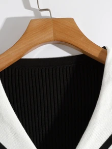 GlowEve CURVE Cardigan Rajut Lengan Panjang Kancing Tunggal Model Blok Warna Ukuran Plus untuk Musim Dingin - Hitam - View 3