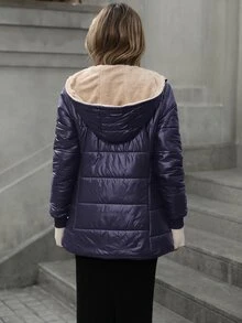 Aveloria Modichic 簡約格紋絎縫連帽拉鍊加厚外套 冬季休閒百搭款 - 藍色 - 查看 2