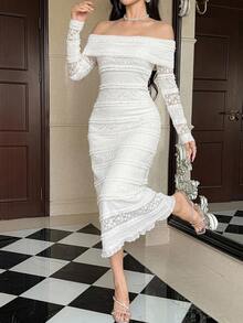 DAZY Spring/Summer Women's Elegant Lace Solid Color Midi Dress - Pearl White - View 4