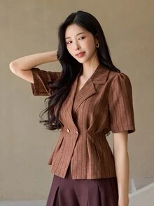 DAZY Women's Elegant Commute Striped Petal Sleeve Blouse - Coffee Brown - View 6