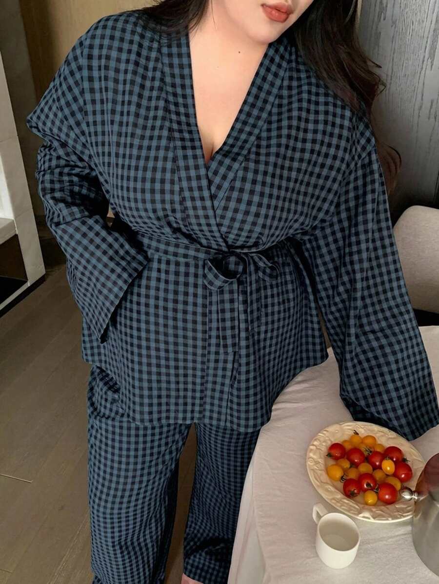 Dazy Plus Pantalón de pijama con cordón y estampado a cuadros, conjunto de ropa de dormir para casa para todas las estaciones - Azul Marino - Ver 1