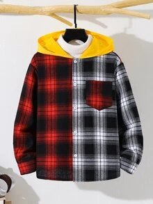 SHEIN 兒童青少年男孩休閒柔軟舒適紅色格紋長袖連帽襯衫，基礎上衣，適合秋季、聖誕節、萬聖節、學校、家庭聚會、度假、派對，秋季穿搭，冬季穿搭 - 彩色 - 查看 2