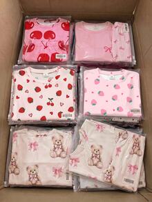 Tween Girl Random 1set Short Sleeve Sleep Top & 1pc Sleep Pants Pajamas Set - Multicolor - View 5