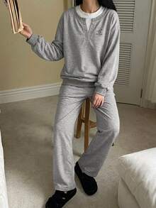 DAZY Colorblock 2 In 1 Drop Shoulder PJ Set Fall - Grey - View 3