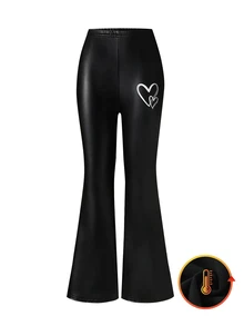 Celana Kulit PU Motif Hati untuk Remaja Perempuan Musim Gugur/Musim Dingin - Hitam - View 1