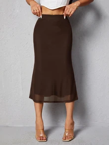 SHEIN PETITE Solid High Waist Mermaid Skirt - Brown - View 1