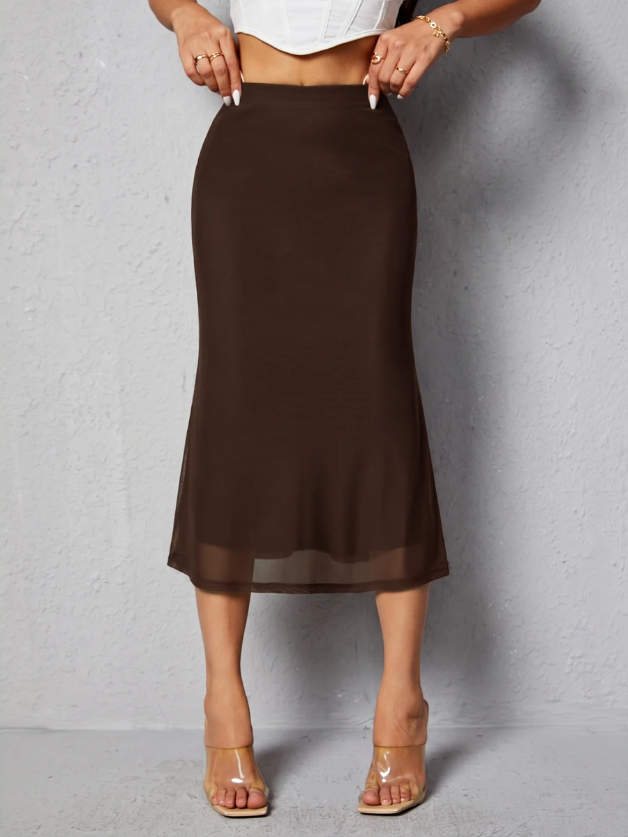 SHEIN PETITE Solid High Waist Mermaid Skirt - Brown - View 1