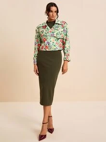 LOTSLUV Women's Mint Green Cropped Drop Shoulder Jacket, Allover Floral Print, Lapel Collar, Zip Front, Western 70's Elegant Autumn Daytime Night Out Party - Multicolor - View 5