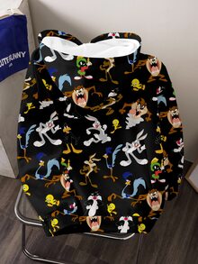 LOONEY TUNES X SHEIN 大尺碼卡通圖案落肩連帽衛衣 - 白色 - 查看 2