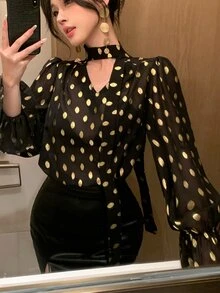 DAZY Gold Dot Print Tie Neck Flounce Sleeve Sheer Shirt Fall Long Sleeve Tops - Black - View 2