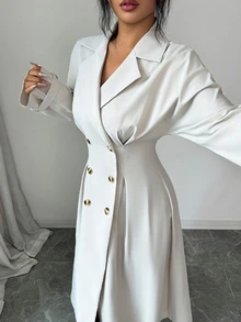 Elenzga Double Breasted Lapel Neck Coat - Grey - View 7