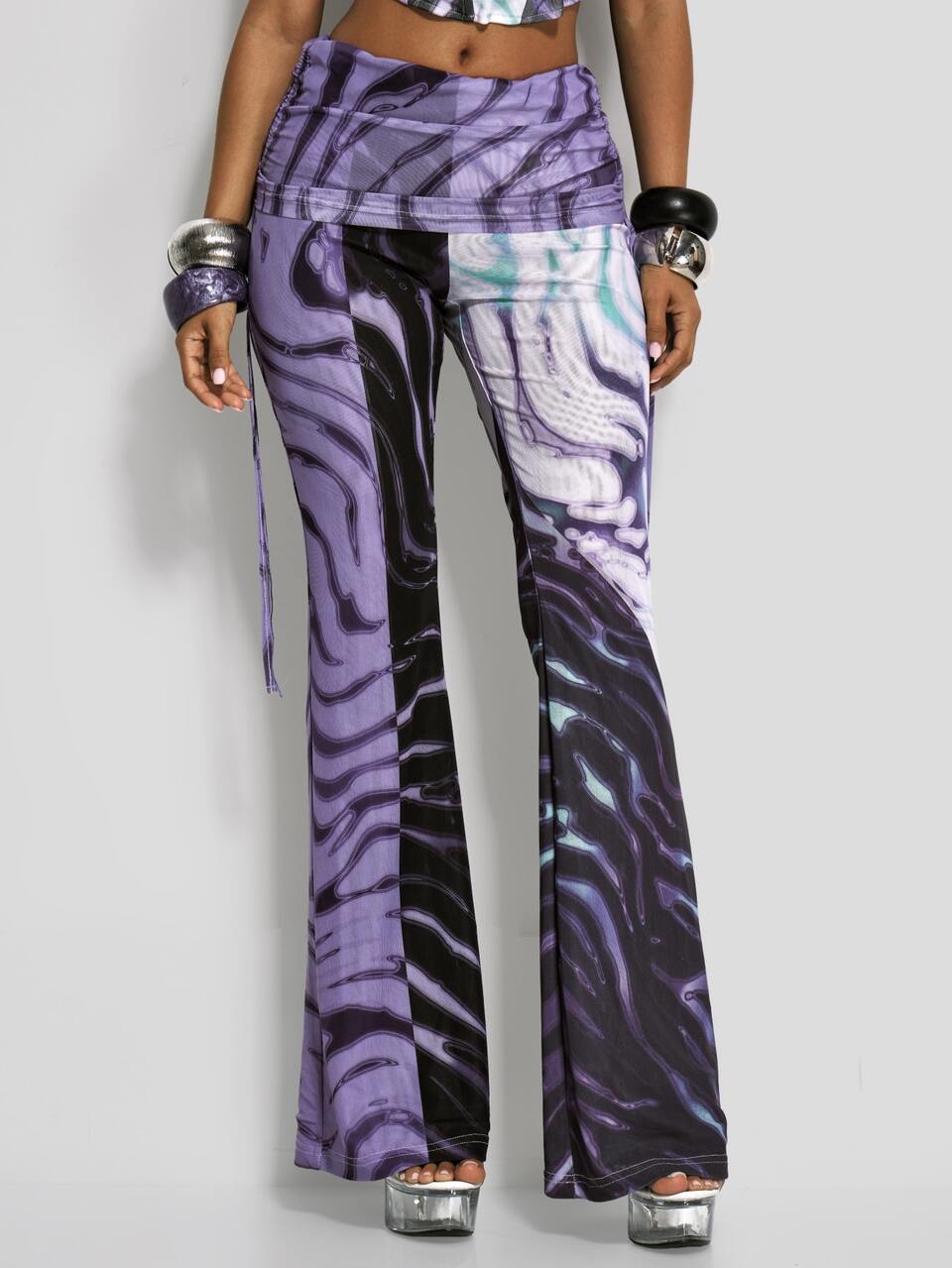 Mixed Print Folded Waistband Flared Trousers Only