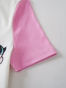 THE POWERPUFF GIRLS X SHEIN Tween Girl Cartoon Print Crew Neck Top And Striped Shorts Fitted Loungewear Set - Pink - View 5