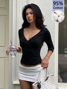 Aloruh 女款優雅休閒純色T恤，適合日常穿著與街頭風格的多功能單品 - 黑色 - 查看 6