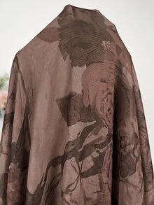 Reflora Plus Floral Print Flounce Sleeve Layer Hem Mesh Dress - Mocha Brown - View 4