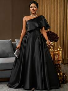 Lunelith SHEIN Lunessa One Shoulder Ruffle Trim Satin Maxi Dress - Black - View 3