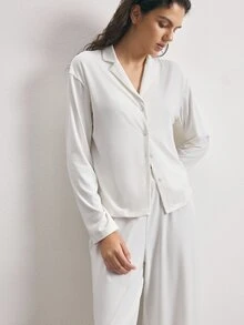 Ocili Notched Collar Buttoned Front Blouse & Pants PJ Set - White - View 7