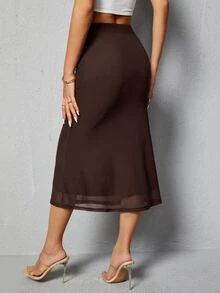 SHEIN PETITE Solid High Waist Mermaid Skirt - Brown - View 2