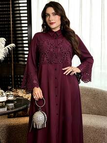 Al Najma Plus Contrast Guipure Lace Trumpet Sleeve Shirt Dress - Red Violet - View 5