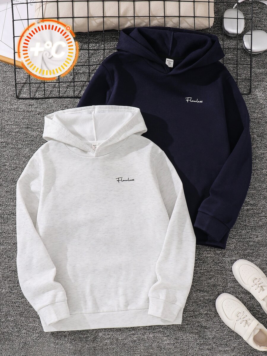 SHEIN 青少年男孩 2件組盲盒休閒手寫字母印花連帽衛衣，適合返校與外出穿著