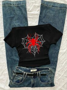 Attitoon Plus Heart Web & Spider Print Cold Shoulder Tee - Black - View 4