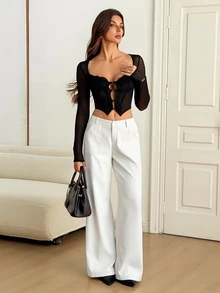 SHEIN Tall 純色斜口袋寬腿長褲 - 白色 - 查看 5