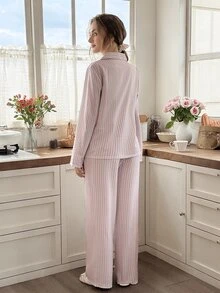 Snug Reverie Striped Cardigan Collar Lace Trim Women's Long Sleeve Pajama Set - Baby Pink - View 2